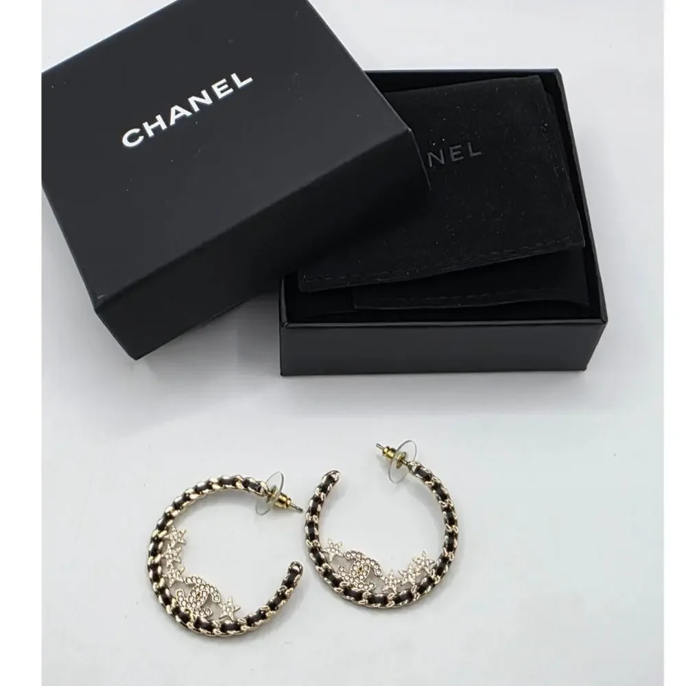Chanel Gold-tone 2023 Strass Leather Interlocking CC Hoop Earrings